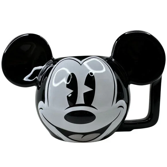 Vintage Disney Mickey Mouse Ceramic Mug W/ Spoon‎ Black & White 3D Ears D Handle - Picture 7 of 16
